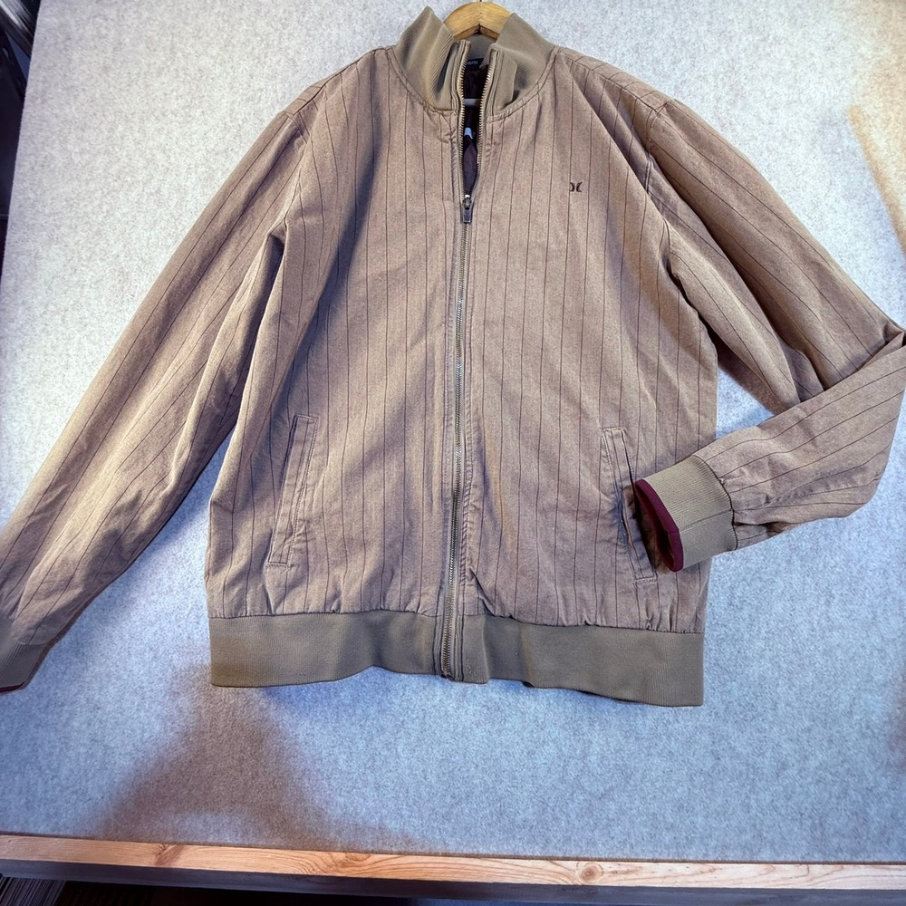 Hurley Mens Herringbone Pinstripe Bomber Jacket Tan Burgundy Full Zip Ribbed
